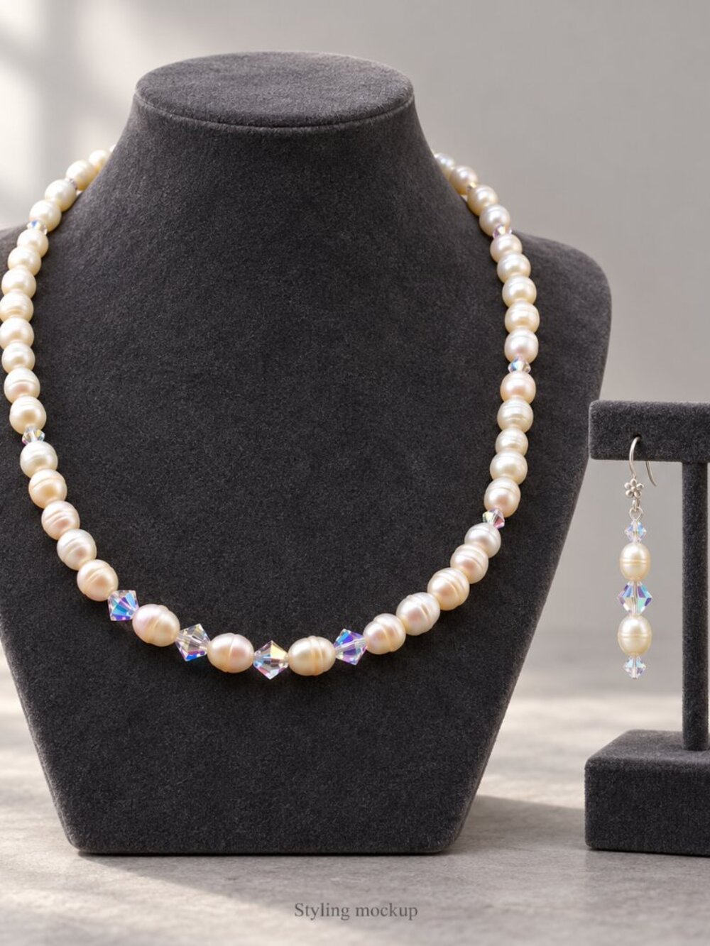 Handmade Freshwater Pearl & Swarovski Crystal Necklace and Earring Set